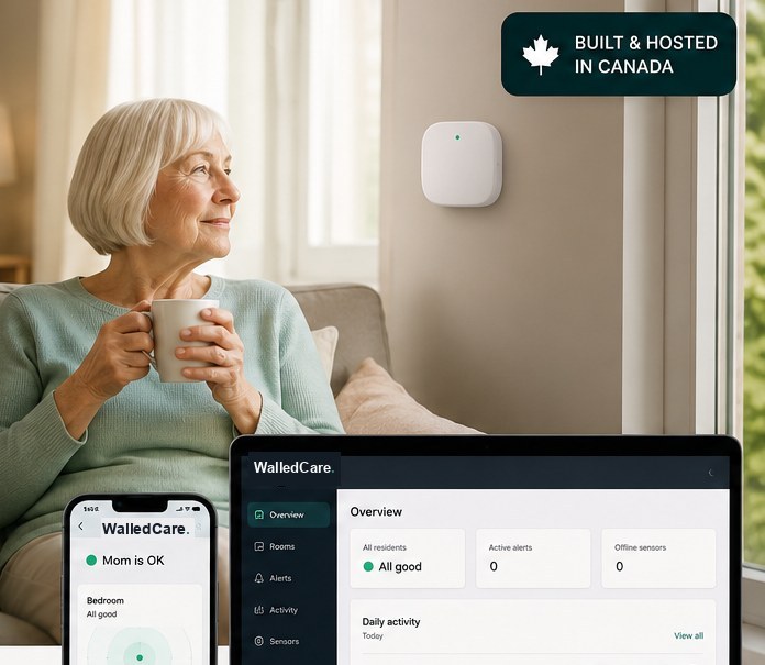 An older adult at home with a small camera-free WalledCare radar sensor on the wall and the WalledCare app showing 'Mom is OK'