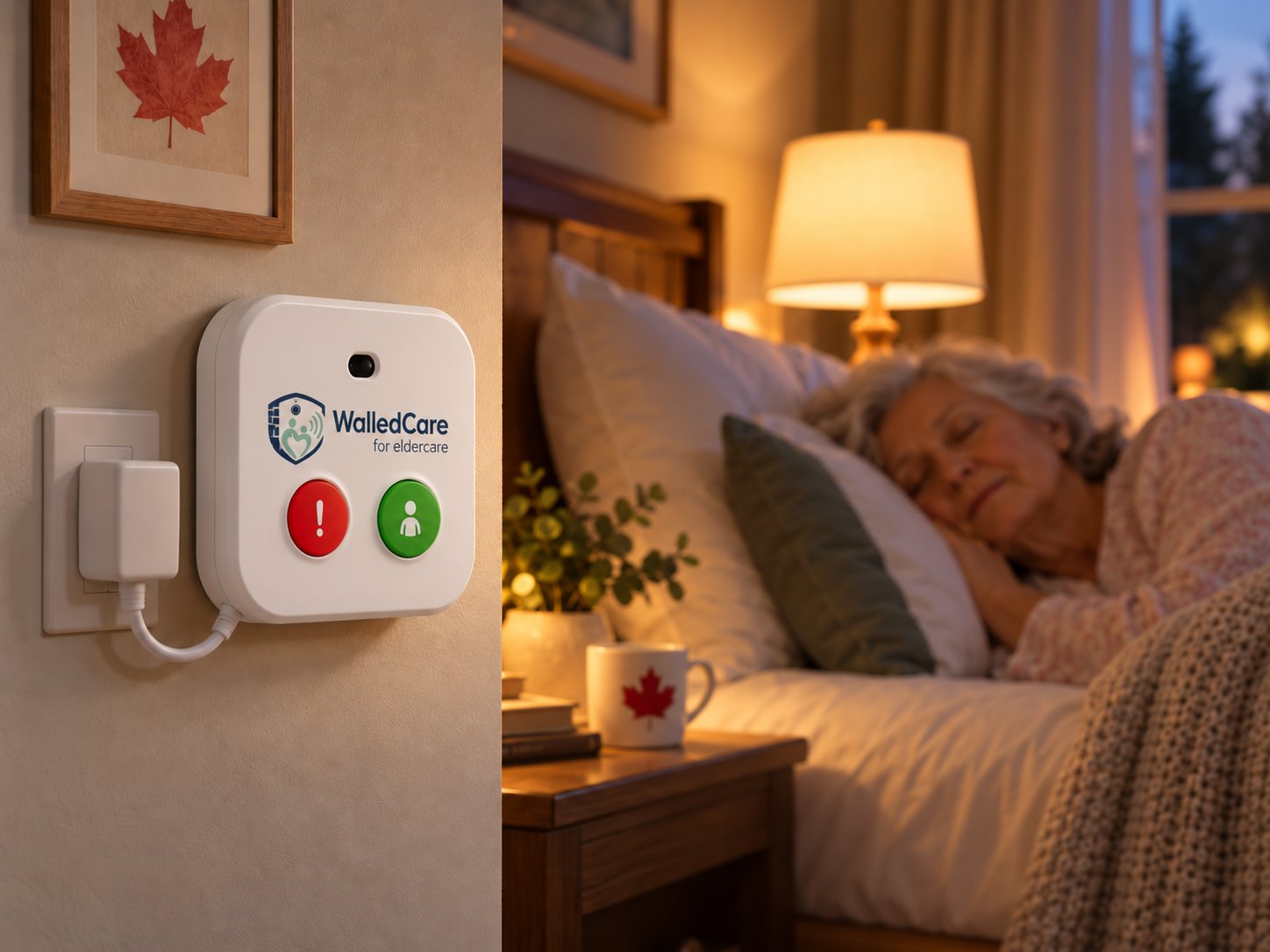 A WalledCare unit with a red and a green button plugged into a bedroom wall outlet at night, with an older woman asleep in bed beside a lit lamp.