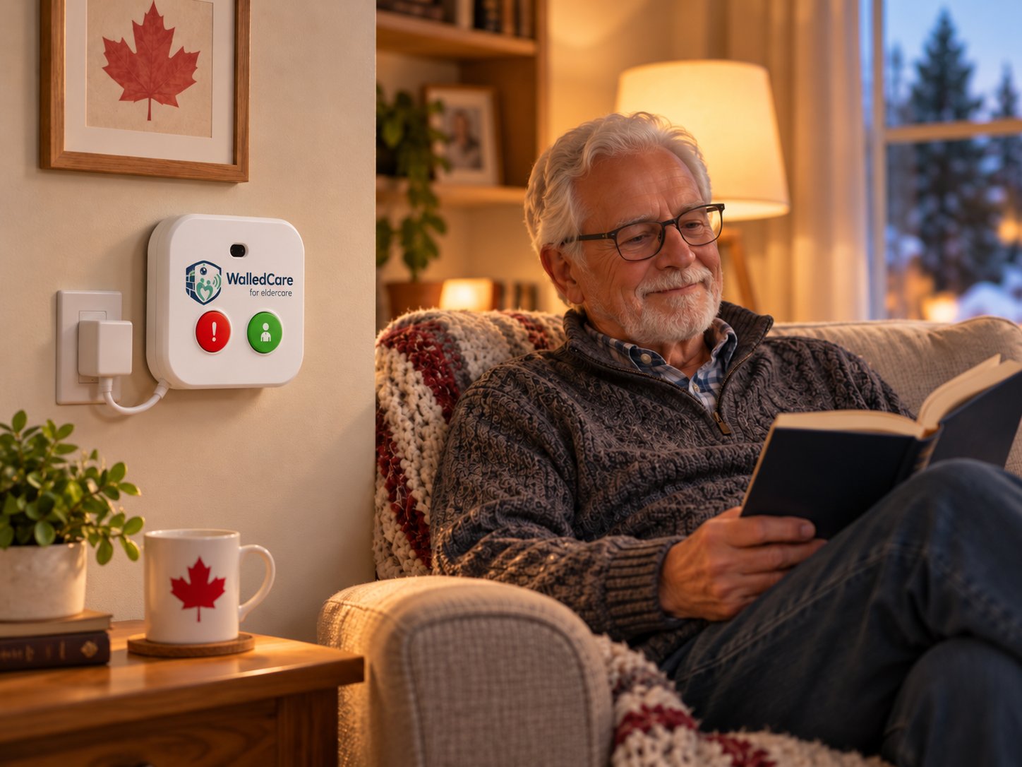 An older man reading a book in an armchair in his living room, with a WalledCare unit with a red and a green button plugged into the wall beside him.